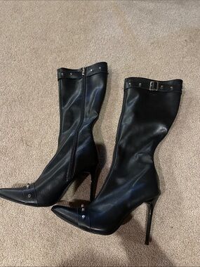 SHEIN Black Pointed-Toe Stiletto Mid-Calf Boots with Buckle